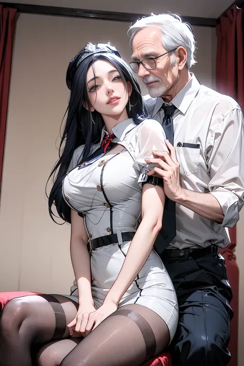 shoot from below up: a young girl and an old man are forcing vaginal intercourse, (the old man's hand touches her huge chest: 1....