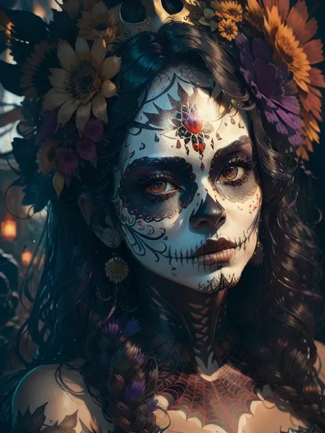 the portrait features a woman in the foreground, her face covered with an elaborate mexican mask of the dead, known as 'catrina'...