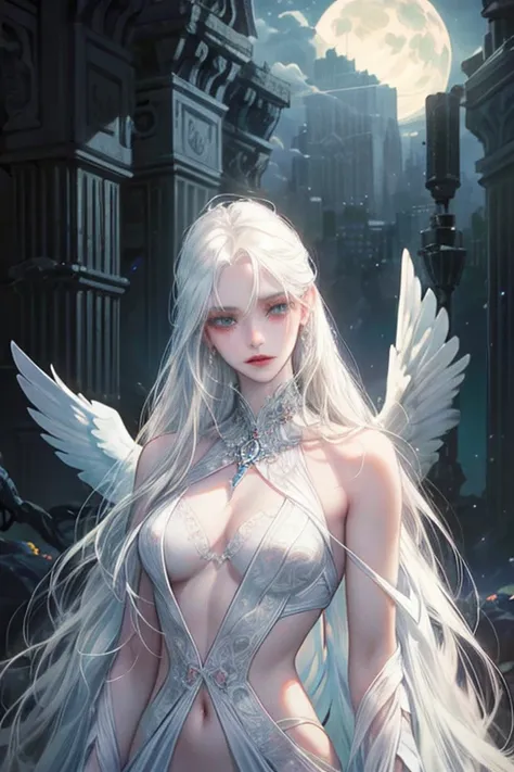 masterpiece, highest quality, (solo focus), (perfect face:1.1), (high detail:1.1),dramatic, (an alluring albino angel guy with long flowing pure white hair and piercing white eyes),1guy, (pale skin), long hair, white eyes,  solo, long hair, moon, night, wh...