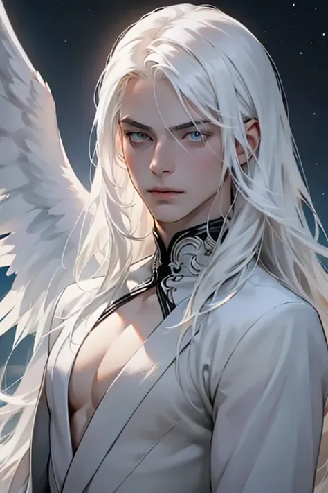 masterpiece, highest quality, (solo focus), (perfect face:1.1), (high detail:1.1),dramatic, (an alluring albino angel guy with long flowing pure white hair and piercing white eyes),1guy, (pale skin), long hair, white eyes,  solo, long hair, moon, night, wh...