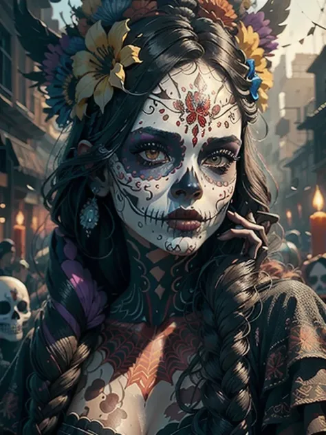 The portrait features a woman in the foreground, her face covered with an elaborate Mexican mask of the dead, known as Catrina. The mask is vibrant and detailed, with intricate floral designs and skulls painted in intense colors like red, blue, Gold and pu...