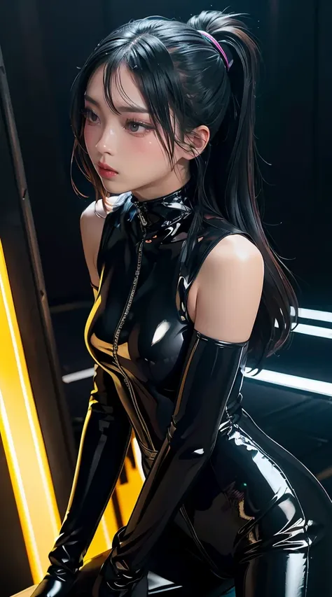 solo, super fine photo, portrait Unreal Engine 5 8K UHD of beautiful girl in a skin tight black latex outfit with blue neon light details, slick black catsuit, black iconic character, smooth black skin, black body, PVC, some black, glossy latex suit, rubbe...