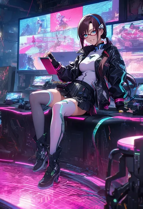 1girl, makinami mari illustrious,glasses, neon genesis evangelion, cyberpunk fashion, futuristic outfit, young adult woman, high-tech photoshoot, neon lighting, dystopian urban background, masterpiece, best quality, absurdres,detailed beautiful face,
Outfi...