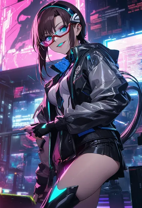 1girl, makinami mari illustrious,glasses, neon genesis evangelion, cyberpunk fashion, futuristic outfit, young adult woman, high-tech photoshoot, neon lighting, dystopian urban background, masterpiece, best quality, absurdres,detailed beautiful face,cowboy...