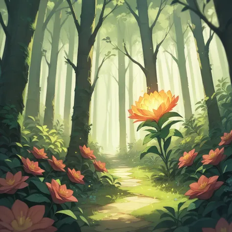 •	medium shot of the forest floor, where small plants and vibrant flowers begin to sprout, bathed in a soft, ethereal glow.