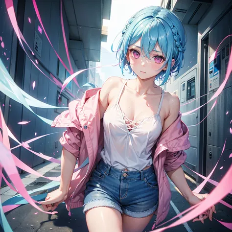 (Sky blue hair),(Braided Short Hair), (Pink Eyes),Fair skin) ,(whole body),(one person&#39;s),(Embarrassing),(The background is a school classroom,blackboard),(Heart-shaped chocolate),(I will pass it forward with both hands.),(Sailor suit),(Valentines Day)...