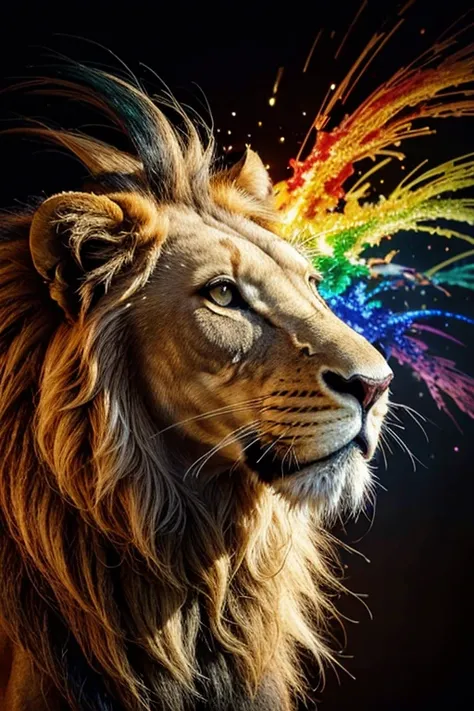 Lion, the head of a lion in a multi-colored exploding rainbow flame. Abstract multicolored profile portrait of a lion head on a black background

