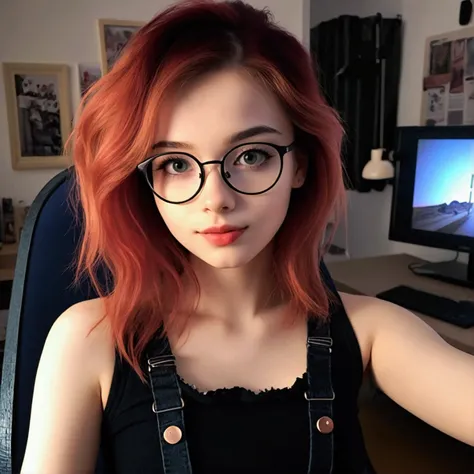 a girl with red-dyed hair, glasses, light brown eyes, white, At the age of 19.
she is in her room lying on her bed.
she is wearing a tank top, Green color.