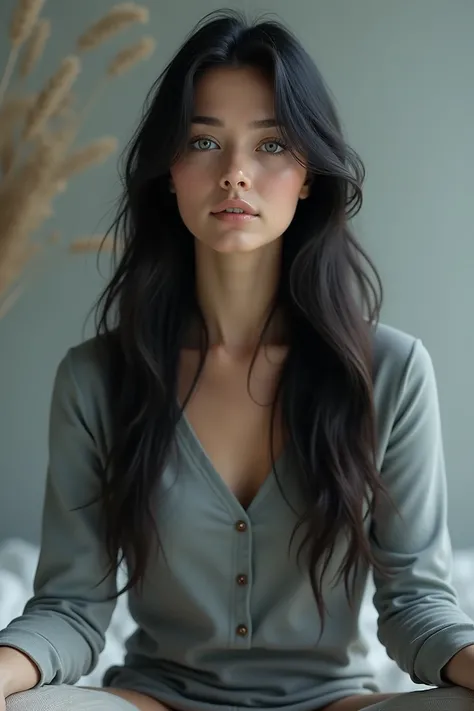 Girl with long dark hair, She is sitting and meditating with gray-blue eyes .HP (Best quality,4K,8 K,a high resolution,masterpiece:1.2),ultra detailed,(realistic,photorealistic,photo-realistic:1.37),HDR,studio lighting,very detailed face body clothing