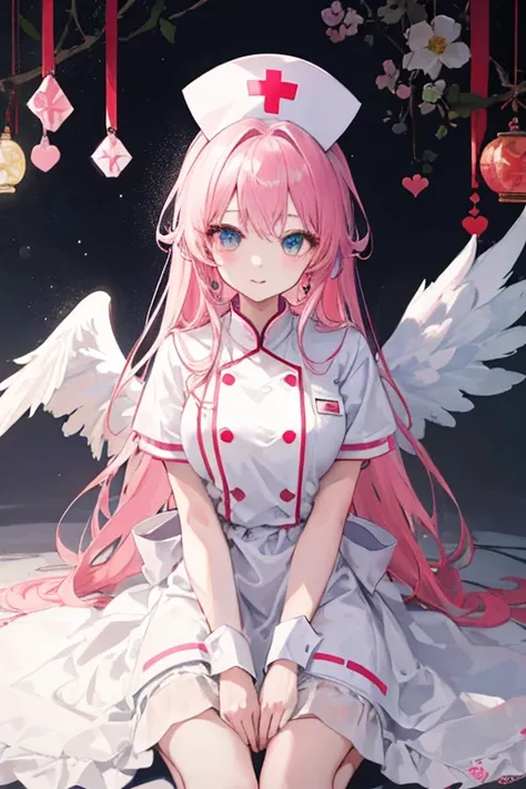 ((Highest quality)), ((masterpiece)), (detailed), Perfect face and body，Pink fluffy long hair，Nurse hat，Nurse uniform，has rabbit ears，Angels wings grow(masterpiece, Highest quality), 非常にdetailed, Highest quality, beautifully、beautiful: 1.2), (女の子1 person),...