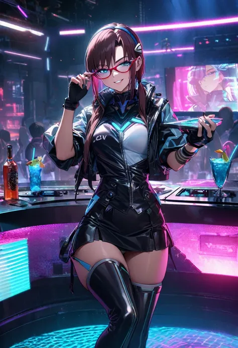 1girl, makinami mari illustrious,glasses, neon genesis evangelion, cyberpunk fashion, futuristic outfit, young adult woman, high-tech photoshoot, neon lighting, dystopian urban background, masterpiece, best quality, absurdres,detailed beautiful face,cowboy...