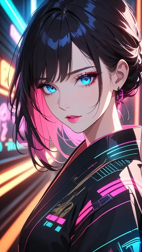 beautiful detailed eyes, beautiful detailed lips, extremely detailed eyes and face, long eyelashes, 1 girl, detailed portrait, kimono, holding katana, cyberpunk style, sci-fi, neon lights, dark atmosphere, dramatic lighting, cinematic, vivid colors, hyper-...