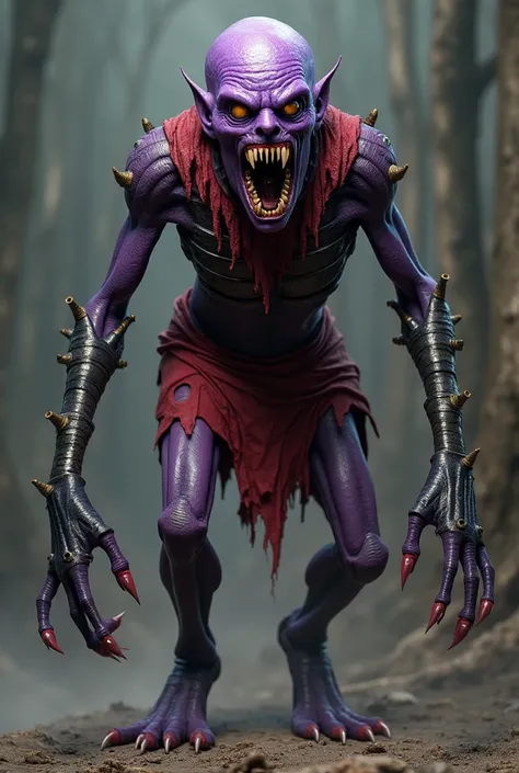 A tall, very thin with purple skin his mouth is open and his teeth are numerous and sharp he has no nose and his eyes are orange, abnormally large and glazed he wears "mantea" ragged red. metal plates screwed to his arms, flegs, chest and some small ones o...