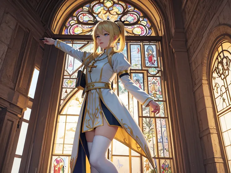 (Ultra extreme detailed),(Masterpiece),(Ultra extreme),(Realistic),CG,(color:1.2), Strong lighting,Light from behind,evaluation:Safety,A blonde person alone, 黒color,Blonde ponytail,Green Eyes,White shrite,short_Sister Costume、、Cross pendant、Tights Knee Soc...