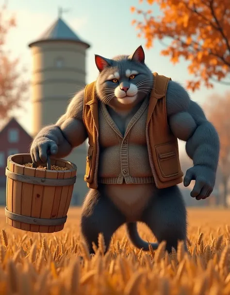 Autumn Defiance: In the crisp autumn air, a resilient farmer cat with a knitted vest and a large wooden bucket confronts a black monkey attempting to invade his wheat silo. The cat’s strategic placement of obstacles and clever use of the bucket help in thw...