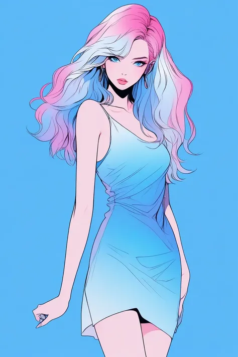 Illustrator, anime , Realistic ,sketch , 1 person, Supermodel, lip, Short dress with a lot of exposure, order, Blue gradient background, Neon Medium Hair, Are standing, Sexy pose, Texture Trim, Canadian, (masterpiece,Highest quality) Cancer