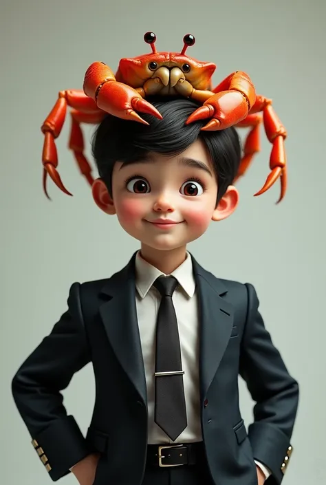 The boy wear suit with a crab on the head