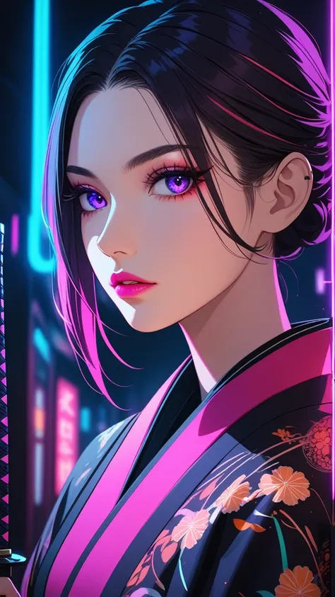 beautiful detailed eyes, beautiful detailed lips, extremely detailed eyes and face, long eyelashes, 1 girl, detailed portrait, kimono, holding katana, cyberpunk style, sci-fi, neon lights, dark atmosphere, dramatic lighting, cinematic, vivid colors, hyper-...