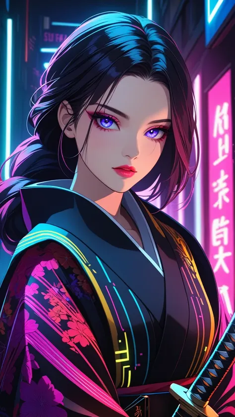 beautiful detailed eyes, beautiful detailed lips, extremely detailed eyes and face, long eyelashes, 1 girl, detailed portrait, kimono, holding katana, cyberpunk style, sci-fi, neon lights, dark atmosphere, dramatic lighting, cinematic, vivid colors, hyper-...