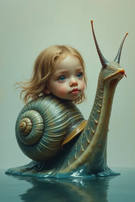 snail with a girls face in slime, full-length,Close-up, pastel dark shades, interesting uncluttered composition, oil painting