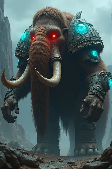 A Mammoth with glowing red eyes wearing an ancient armor with glowing cyan crystal 