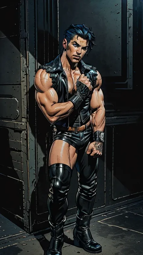 (((Full-length shot))),((Best quality)), ((masterpiece)),(detailed),muscular build.., wears an open black leather vest on a naked body.., black leather gloves,tight leather pants and heavy boots, He has the appearance of a punk rocker.Hyperrealistic close-...