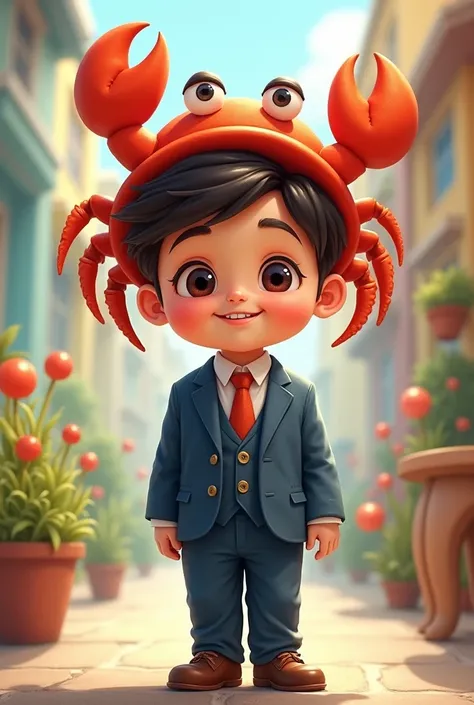 The cute boy wear suit and the crab hat