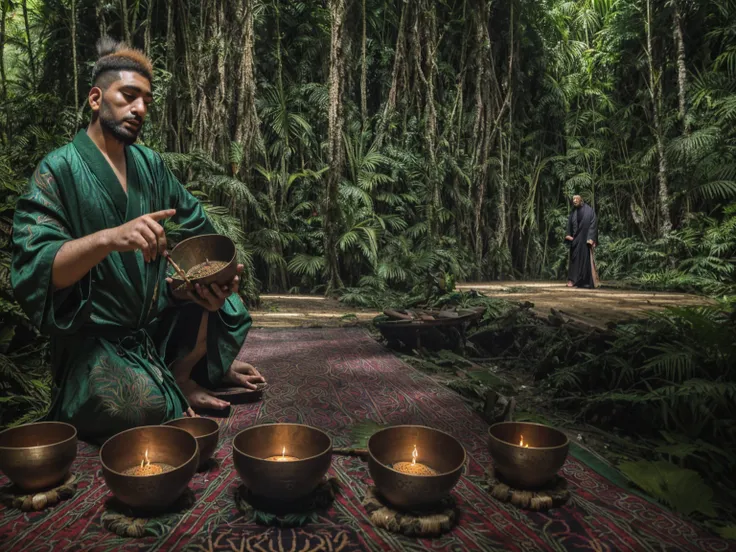 A man wearing an Arab robe sits on a rug.，Singing bowls placed nearby, Ayahuasca ceremony, the Ayahuasca spirit, Ayahuasca, Ayahuasca shaman, Ceremony in the forest, Forest Ceremony, Inspired by Gong Kai, In a jungle setting, Mystical Feeling, Mysterious e...