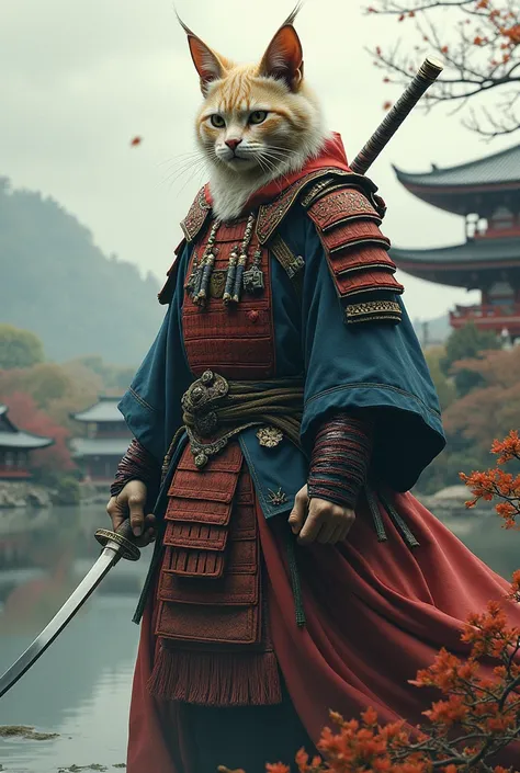 A cat-faced man wearing a Japanese warrior costume and wielding a samurai sword.