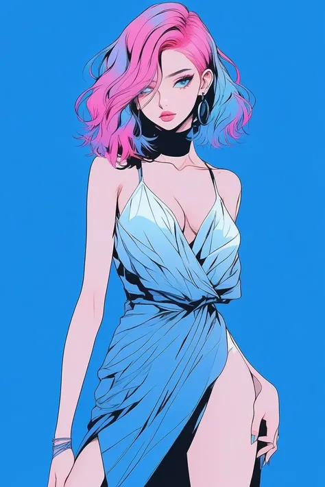 Illustrator, anime , Realistic ,sketch , 1 person, model, 20-year-old, lip, A revealing wrap dress, order, Blue gradient background, Neon Hair, Are standing, Sexy pose, Texture Trim, Canadian, (masterpiece,Highest quality) Cancer