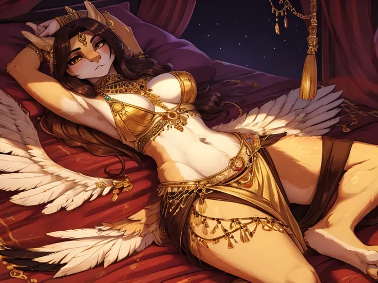 Golden Eagle, White skin and feathers, a high resolution, sensual arabic clothing, belly dancer, Sensual supine position, lying in bed