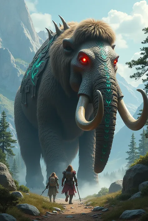 A Mammoth with glowing red eyes wearing an ancient armor with glowing cyan crystal with its friend Trex . And they both are exploring the world together 