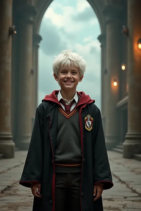 boy, has white ha , blue eyes, wearing the Gryffindor uniform, standing in the Great Hall of Hogwarts, the sky looks old, white light shines in, the face is smiling broadly