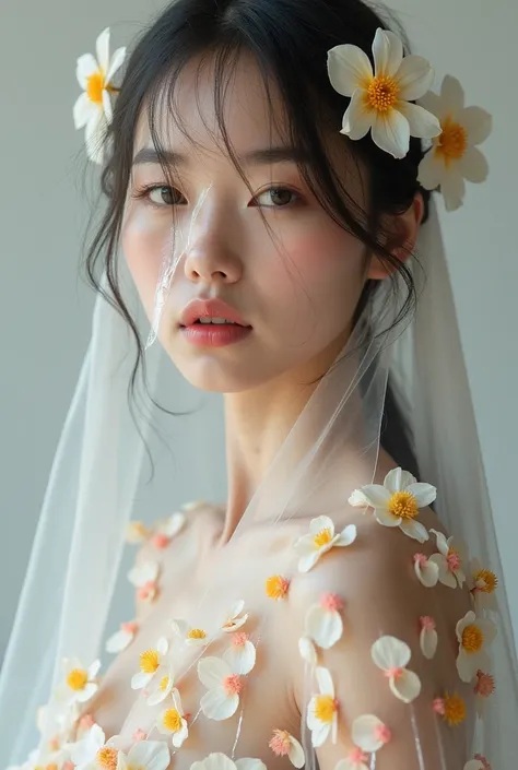 Professional model fair skin posing in a fashion photoshoot、This is a super realistic photo. She is completely wrapped in a transparent film, Under the film there are many flowers covering the skin. The shot is a mid-body shot.