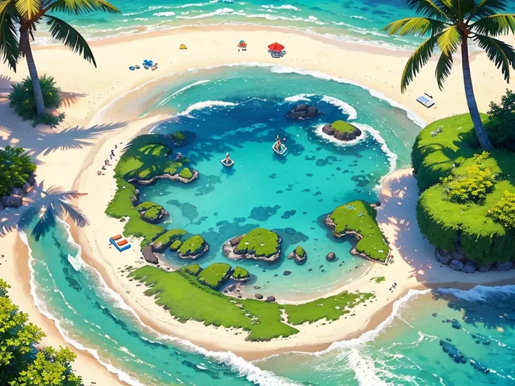 draw a summer game landscape, beach, beautiful sun, sea, one cute girl character, game landscape summer theme