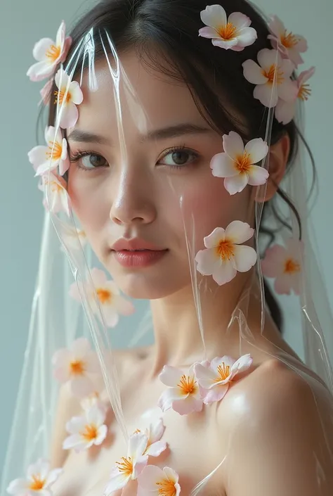 Professional model fair skin posing in a fashion photoshoot、This is a super realistic photo. She is completely wrapped in a transparent film, Under the film there are many flowers covering the skin. The shot is a mid-body shot.