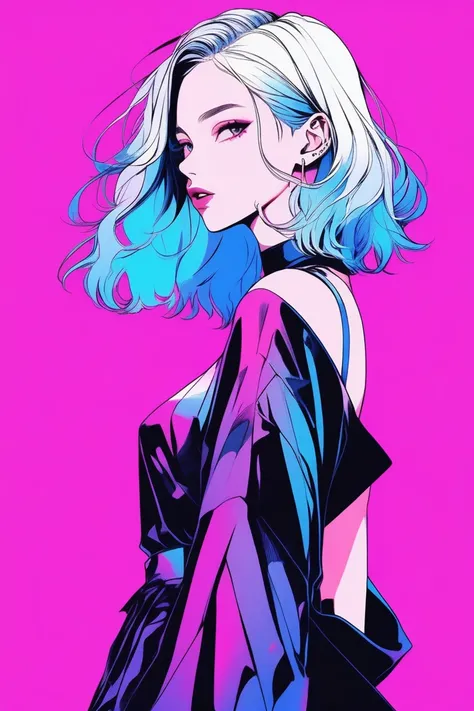 Illustrator, anime , Realistic ,sketch , 1 person, model, 20-year-old, lip, A revealing wrap dress, order, Blue gradient background, Neon Hair, look back, Sexy look, Texture Trim, Canadian, (masterpiece,Highest quality) Cancer