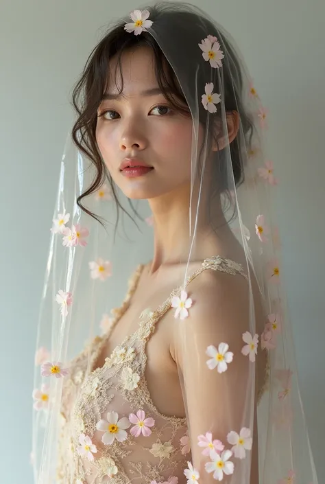 Professional model fair skin posing in a fashion photoshoot、This is a super realistic photo. She is completely wrapped in a transparent film, Under the film there are many flowers covering the skin. The shot is a mid-body shot.