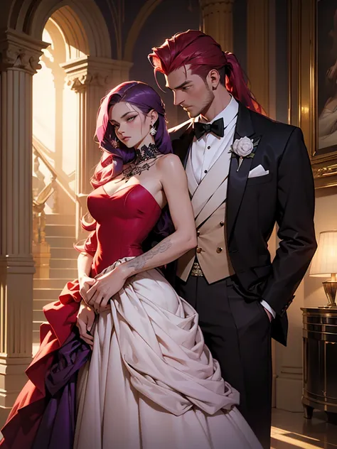 a man and a woman standing in a luxurious hall, the woman wearing an elegant ballgown dress with long purple hair styled beautifully flowing down her shoulders and waist, the man in a tuxedo with slicked back red hair, formal mafia party scene, the woman s...