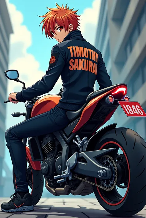 Anime guy wearing a jacket with imprint written saying "TIMOTHY SAKURAI" (character is sitting on a motorcycle)