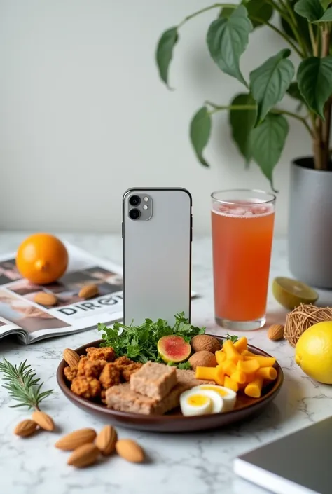 keto food is front of image on table, magazine and documents at the background, and an iphone is in the middle of table, almond and detox juice on the two side of table