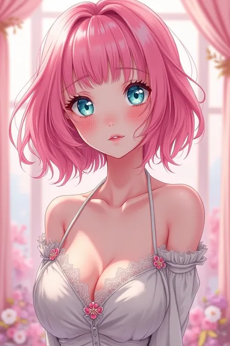 (pastel color palette), detailed aqua eyes, pink hair, (aqua eyes), Official art, Unity 8k Wallpaper, Ultra-detail, Beautiful and aesthetic, masterpiece, Best Quality, 1girl, ((big tits)), Extremely detailed, elegant, vivd color, romanticism, arms behind b...