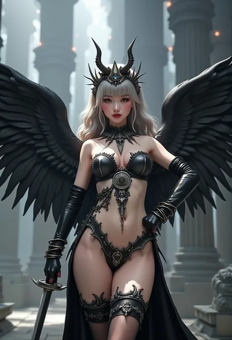 1fullbodyimage of a extremely cute Japanese young woman with albino skin and flowing hair, in a black and silver miniskirt outfit with wings wielding a katana, Beautiful round breasts, Glossy lips, Perfect abs, (Perspectiveal), Tight waist, Inner seam, hou...