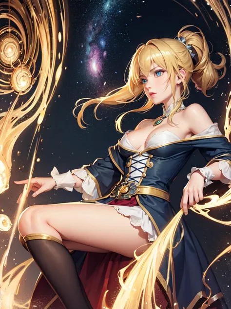 (Ultra extreme detailed),(Masterpiece),(Ultra extreme),(Realistic),CG,(color:1.2), Strong lighting,Light from behind,evaluation:Safety,A blonde person alone, color,Blonde ponytail,Green Eyes,水color shrite,short_Magic Robe Costume、、Gemstone pendant、Tights K...