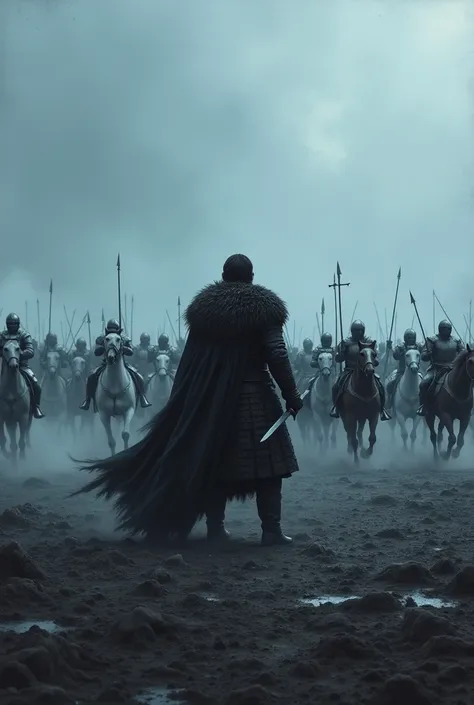 Generate a scene inspired by the Battle of the Bastards from Game of Thrones. Depict a lone warrior, similar to Jon Snow, standing resolutely with his back to the viewer. He holds a sword in his hand, facing an oncoming cavalry charge. The warrior stands o...