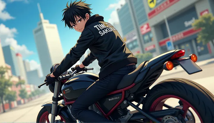 Anime guy wearing a black jacket with imprint written saying "TIMOTHY SAKURAI" (character is riding a motorcycle)