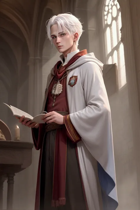 boy, He has cool white hair, I swiped left., Blue Eyes, Wearing a Gryffindor robe, Standing in the Hogwarts hall, The sky is old now, White light shines in