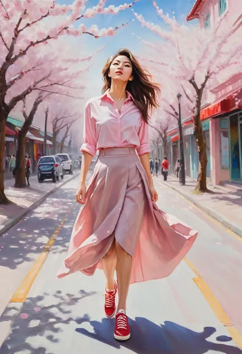 A deep stroke oil painting of A diagonal shot of a pretty woman in a pastel pink slightly unbuttoned shirt and shirt wide skirt and red sneakers walking through a cherry blossom-lined street. Her hair is blowing in the wind, and she looks up at the sky wit...