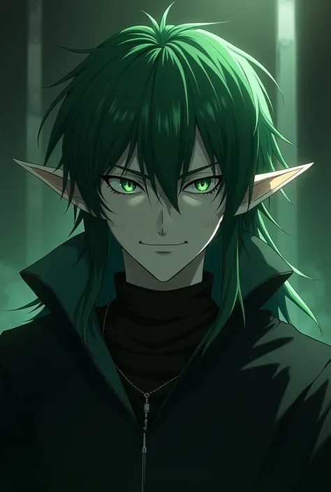 I want an image of a male character inspired by the antagonist Accelerator from the anime Toaru Majutsu no Index, with the anime features white skin, elf ears, greeneyes, cold, cynical, sadist, arrogant and green hair down to the neck.