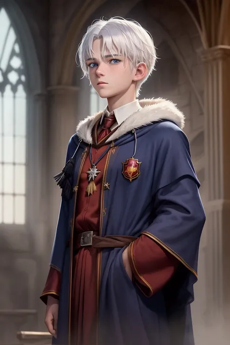 15-year-old boy, He has cool white hair, I swiped left., Blue Eyes, Wearing a Gryffindor robe, Standing in the Hogwarts hall, The sky is old now, White light shines in